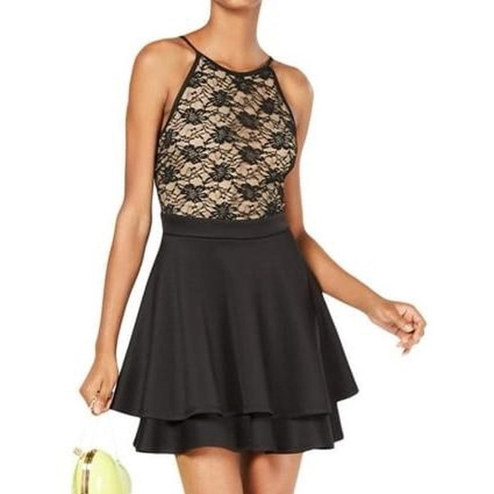 Black lace halter top with tiered skirt
